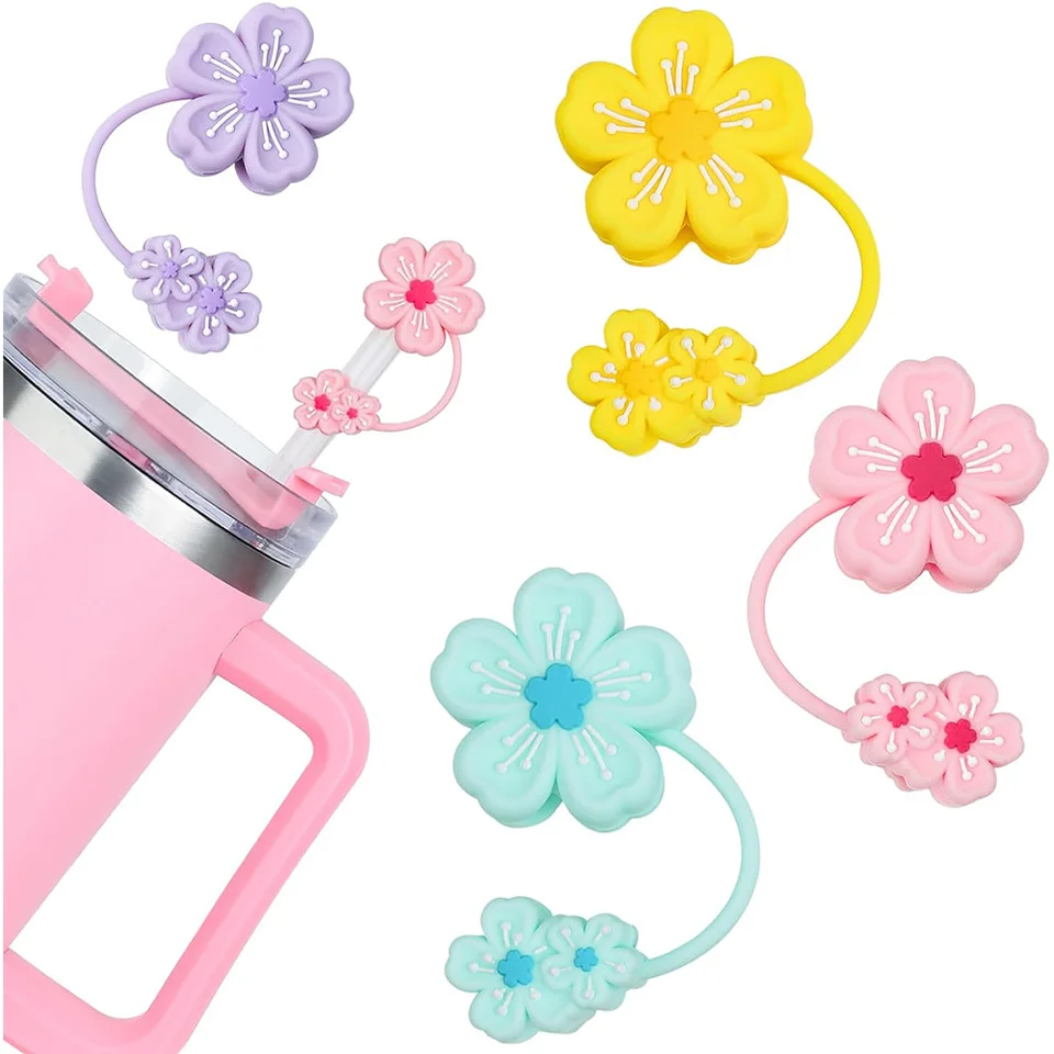 4 Silikon-Strohhalm-Abdeckungen Für Stanley-Becher – Staubdicht, Wiederverwendbar, Mit Blumen-Design