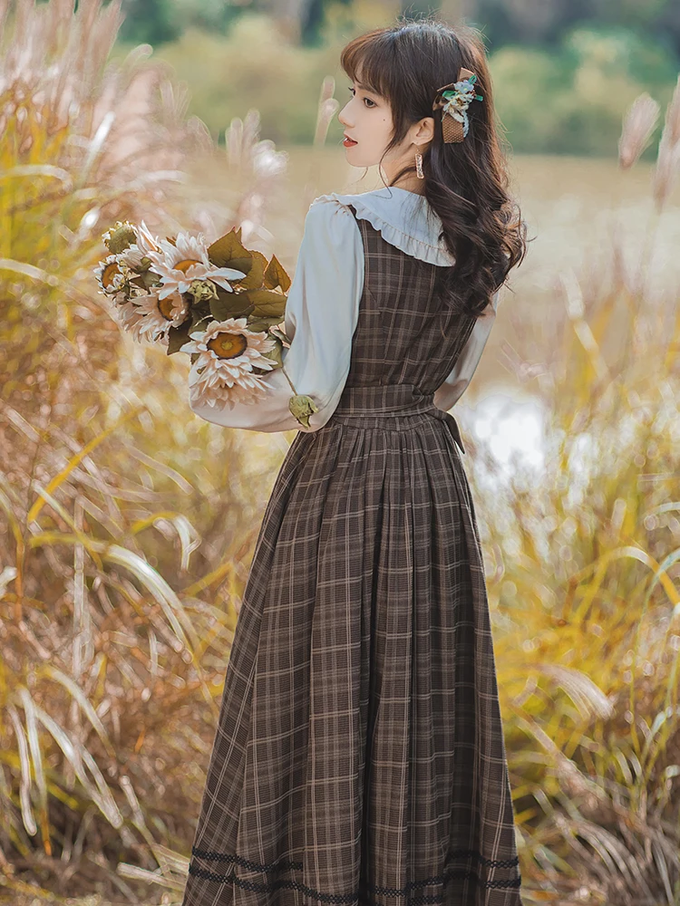 Vintage Plaid Dress Korean A-Line Long Dress and Long Sleeve