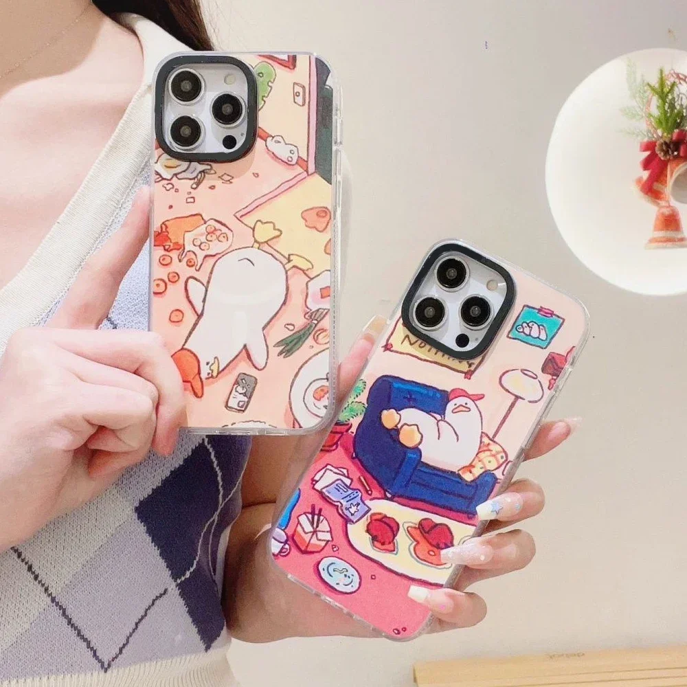 

Cute Lazy Duck MagSafe Transparent Border Phone Case Cover for IPhone 11 12 13 14 15 Pro Max Case for IPhone 15 Pro Max