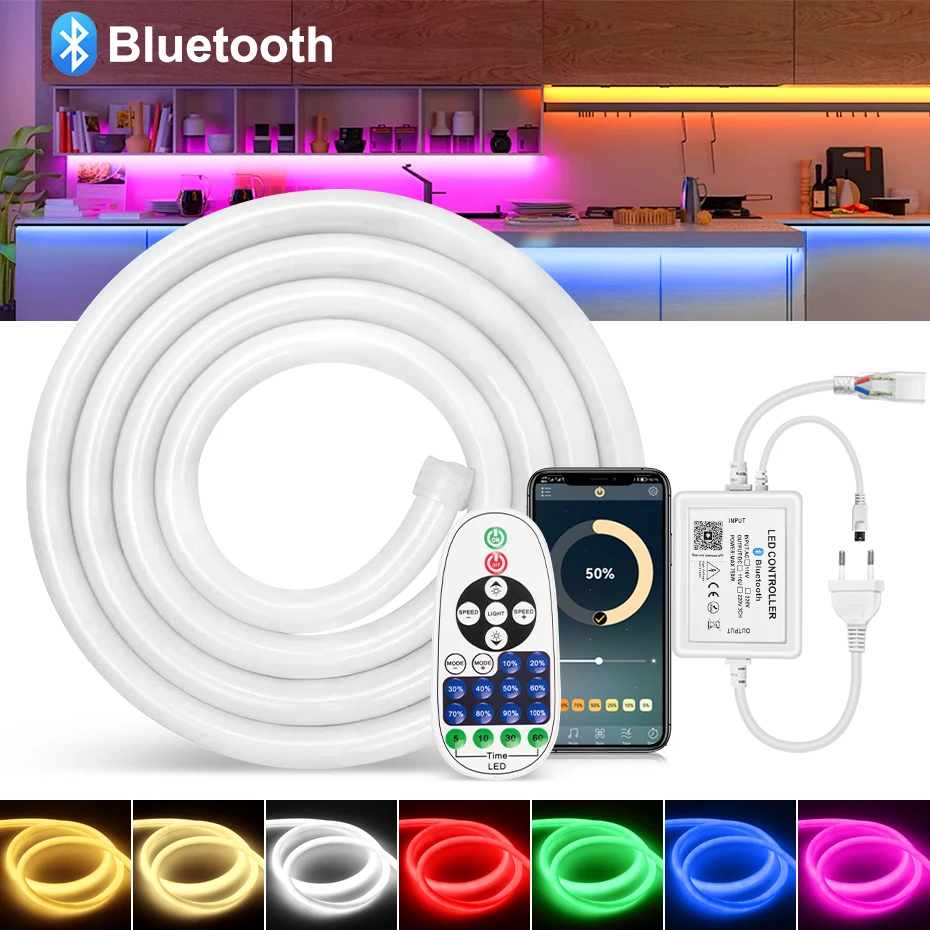 

Круглая Светодиодная лента 220 В, Светодиодная лента с дистанционным управлением, Wi-Fi, водонепроницаемая гибкая неоновая лента IP67 для украшения домашнего освещения