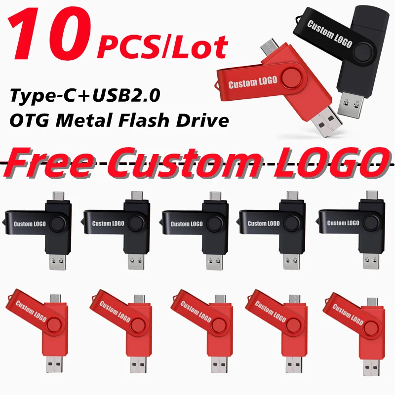 

Free Shipping 10PCS/Lot Free Custom Name LOGO Color Metal 2 IN 1 OTG Flash Drive 128GB 64GB 32GB Real Capacity 4GB 8GB USB