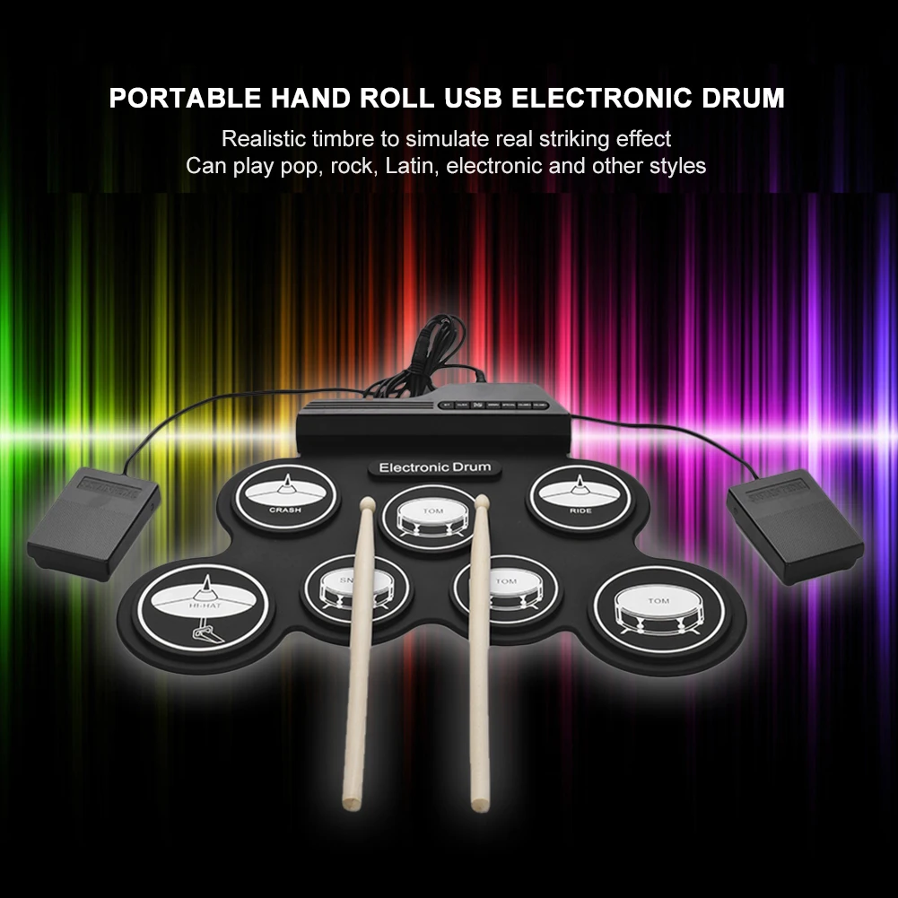 Digital Electronic Drum Compact Size USB Foldable Silicon Drums Set Digital Drum Kits 7-Pad with Drumsticks Foot Pedals