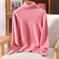 Women's High Collar 100% Mink Cashmere Sweater Autumn/Winter Long sleeves Knit Pullover Loose Bottom Fashion Basic Top 23 colors - Image 3