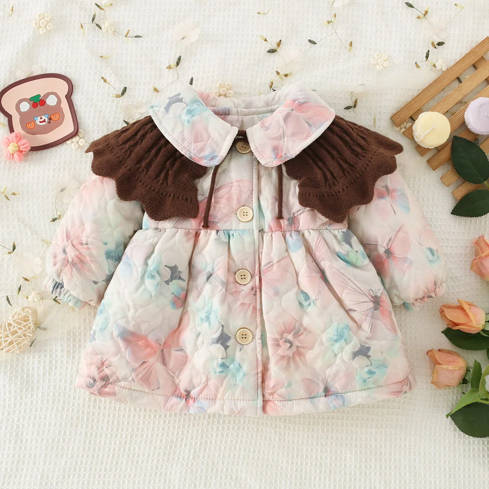 Winter Baby Girl Children'S Collar Jacket Girls' Colorful Butterfly Collar Thick Woolen Sweater Cotton Jacket With Bow Bag Inclu