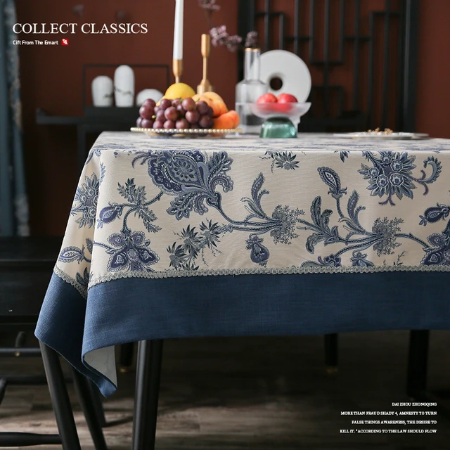 Chinese Style Cotton Linen Blue And White Porcelain Tablecloth