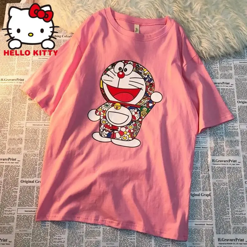 

Sanrio Pink Doraemon T-Shirt Women Loose Japan Cotton Short T-Shirt Girl Kawaii Cartoon Ladies Oversize Tee Anime Y2k Top Tshirt