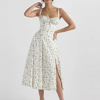 Summer Women flowers Print Long Dress Adjustable Straps Midi Corset Vacation Beach Dress Flowy Slit Lace Up Going Out Dresses - Image 6