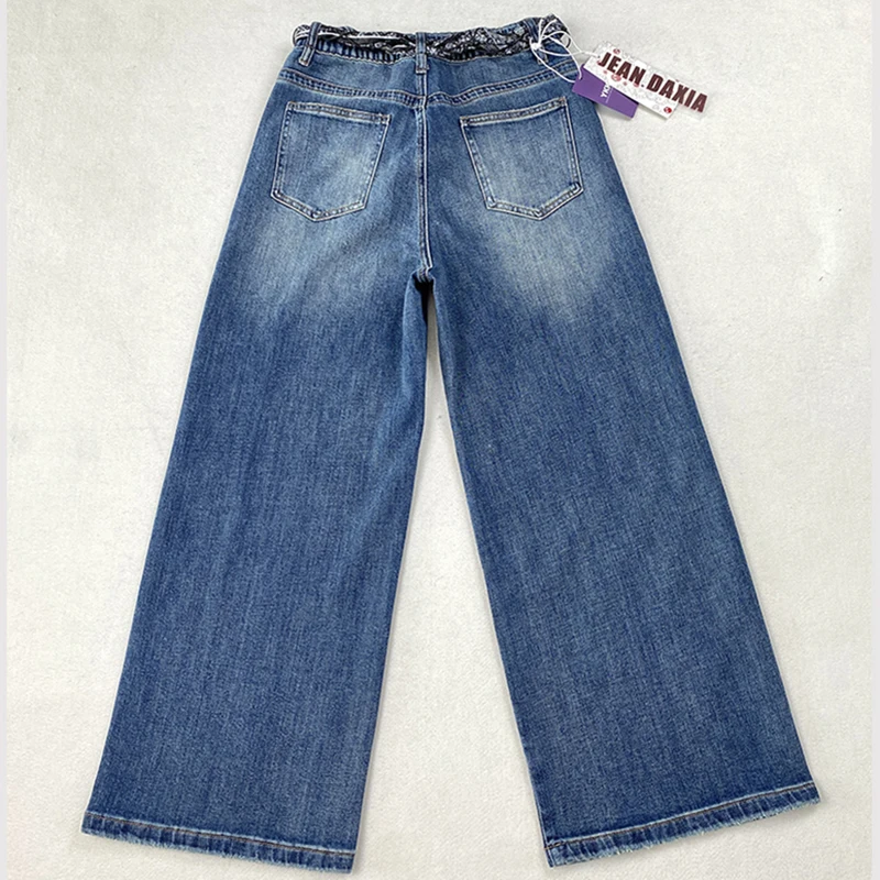 XXXXXL Fashion Plus Size Women's Wide Leg Jeans Autumn Elegant Silk lace-up Premium Denim Casual Long Pants 8376