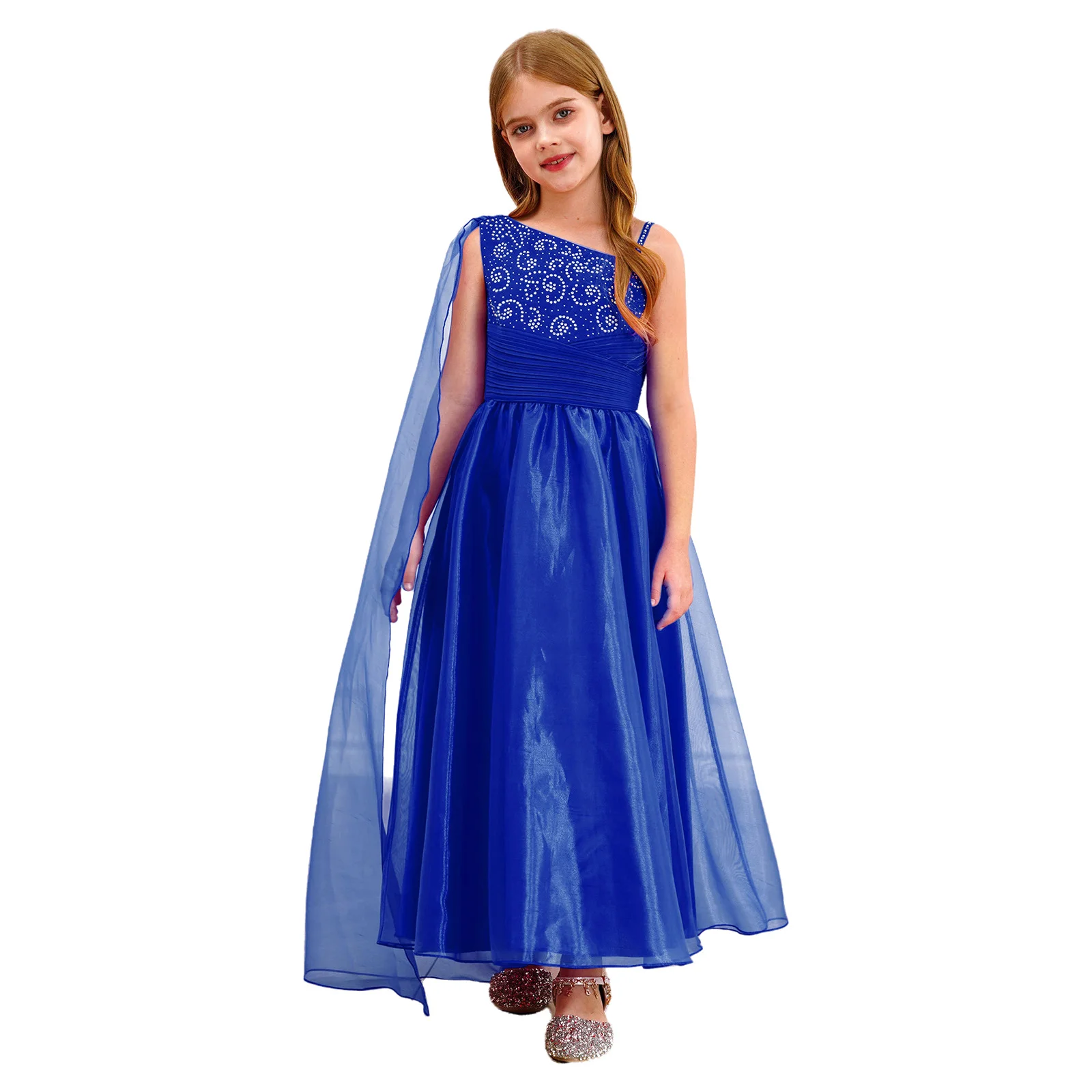 

Kids Girls Evenings Dresses Shiny Rhinestones Ruched Party Gown Irregular Shoulder High Waist Maxi Dress for Wedding Flower Girl