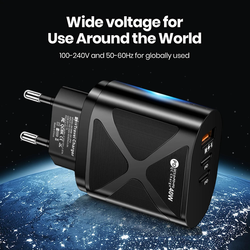 40W 3 Ports Dual PD USB Type C Super Fast Charging QC3.0 EU/US Plug Mobile Phone Adapter iPhone 15 Pro Xiaomi Samsung Huawei
