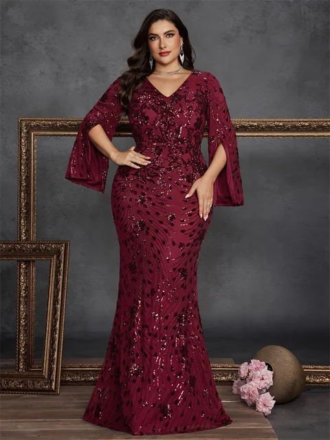 BLUEPLUM Plus Size Luxury Black Evening Dresses Women Long Sleeve Mermaid Formal Sequins Prom Wedding Party Cocktail Gowns 1