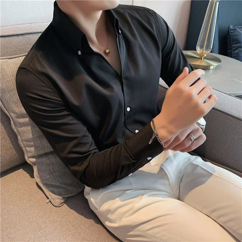 

British Casual Slim Shirt Dress Camisa Masculina Social Spring Italian V-neck Shirt 2021 Summer Men Short Sleeve Simple Shirt