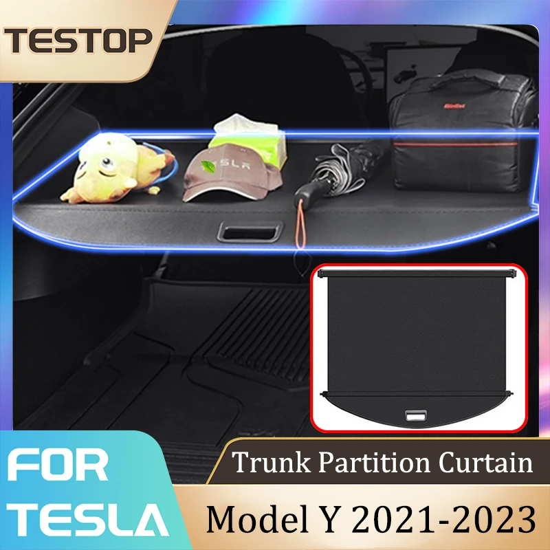 

2023 Tesla Model Y Trunk Partition Curtain Trunk Cover Curtain Non Perforated Upper&Lower Layered Retractable Cover Curtain