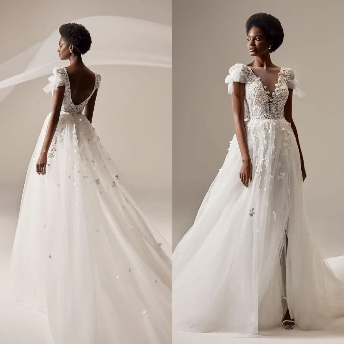 

Sheer V Neck Cap Sleeve Wedding Dresses with Slit Lace Appliques Formal Ceremony Vestido De Novia Backless Bridal Gown