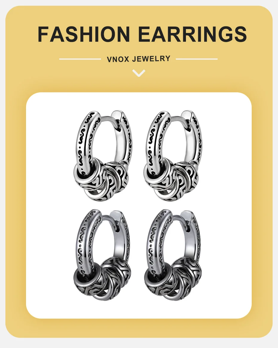Vnox Vintage-Muster-Creolen für Männer und Frauen, grau-silberfarbene runde Huggies-Ohrringe, Punk-Mode-Schmuck-Accessoires, Geschenk – Detail 1