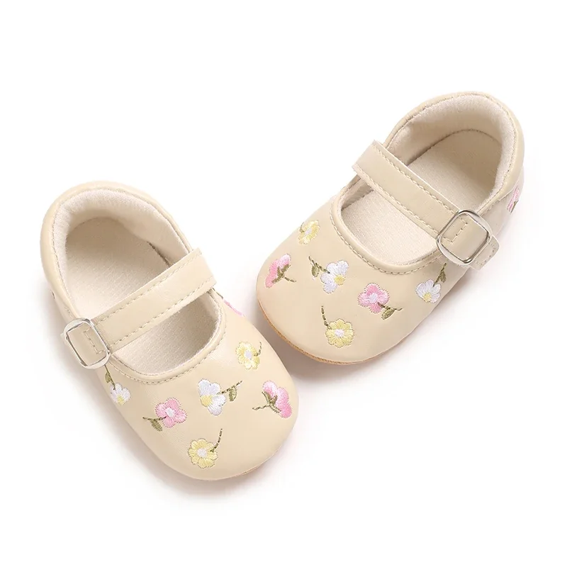 Baby Girls Mary Jane Flats PU Leather Infant Dress Shoes Floral Embroidery Princess Shoes 4
