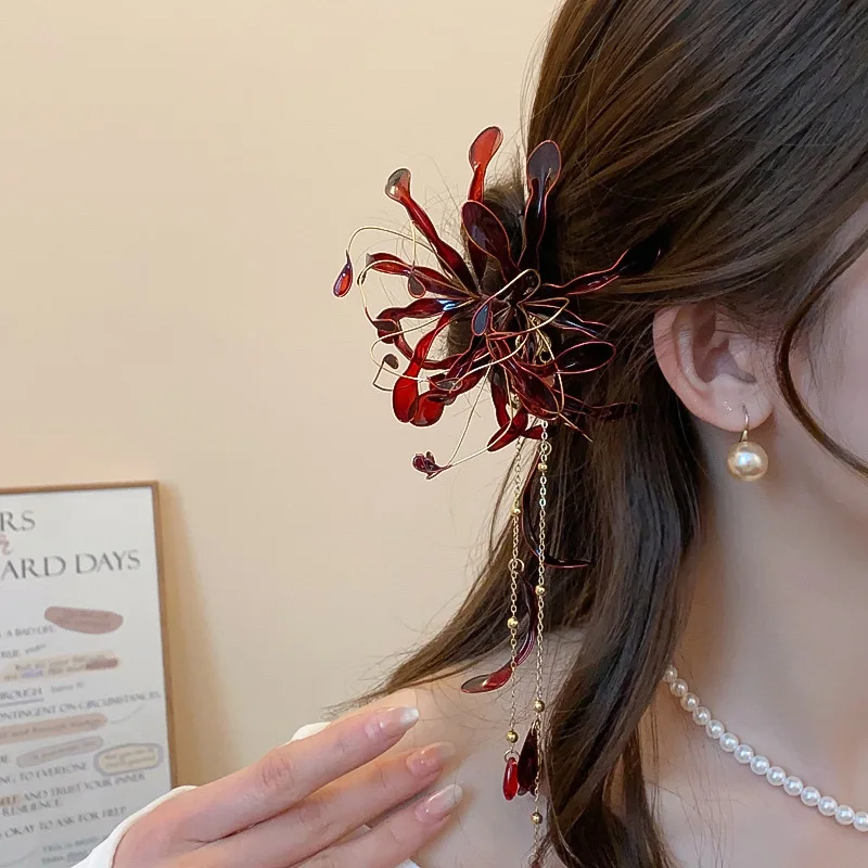 Fairy Red Spider Lily Flower Hair Sticks For Women Dripping Oil Tassel Hairpins Vintage Delicate Hanfu Chopsticks Wedding hair accessory hair stick hair headdress jewelry accessories bridal headwear