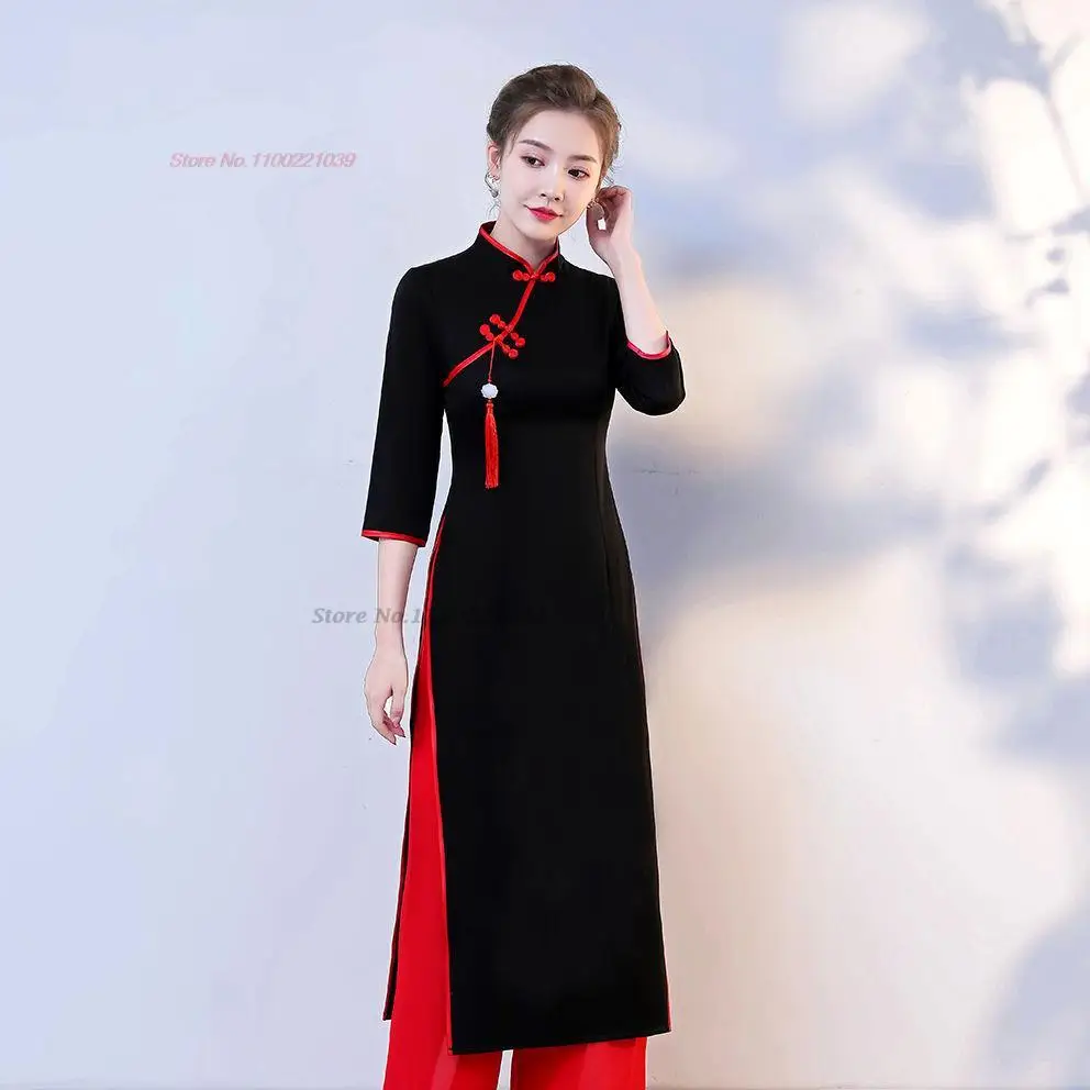 Traditional Vietnamese Aodai Dress Pants Set Oriental Qipao Cheongsam Banquet Evening Vestido