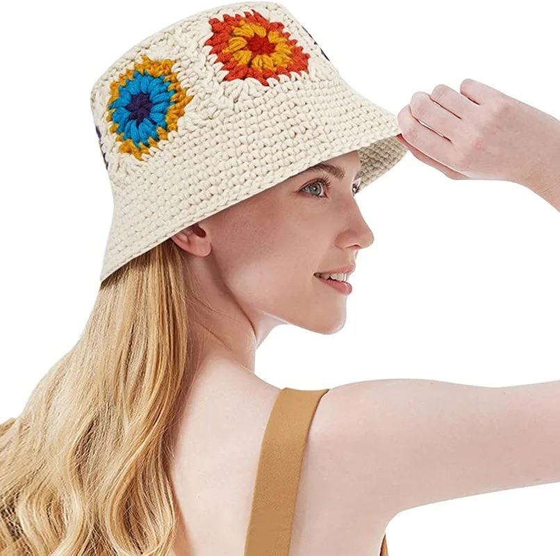 

Autumn New Flower Knit Bucket Hat for Women Fashion Crochet Fisherman Hats Ladies Stylish Travel Sun Caps