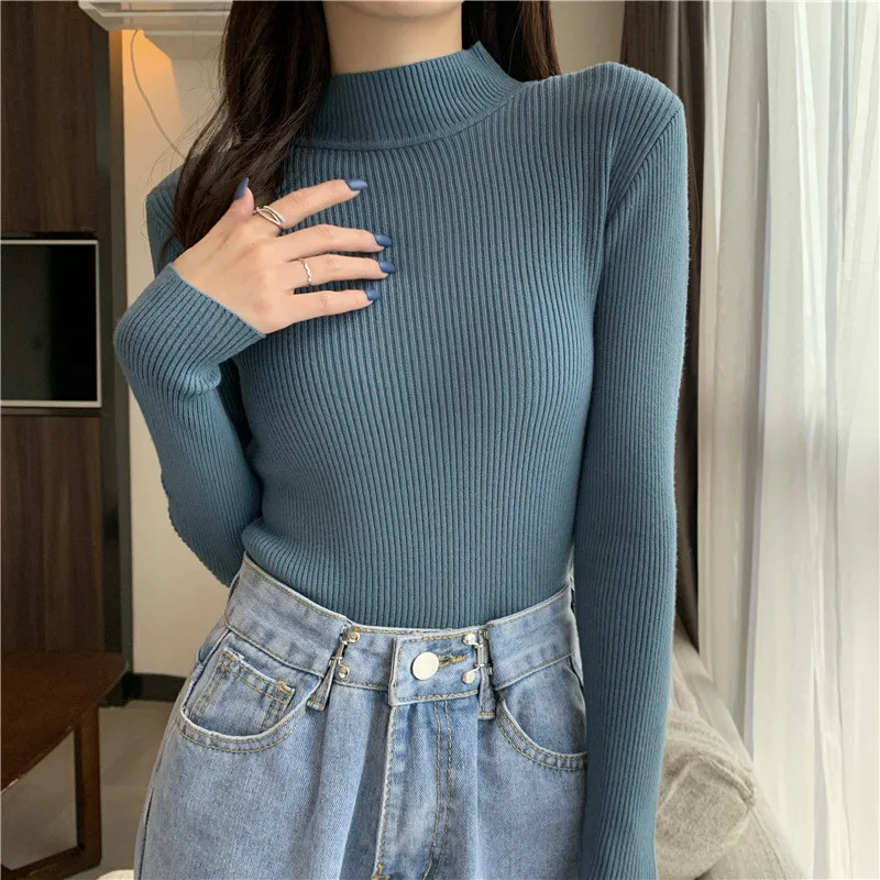 short sleeve cardigan Autumn Winter New Long Sleeve Pullover Sweater Solid Color Korean Version Half High Collar Slim Fit Knitted Bottomed Shirt Top blue sweater