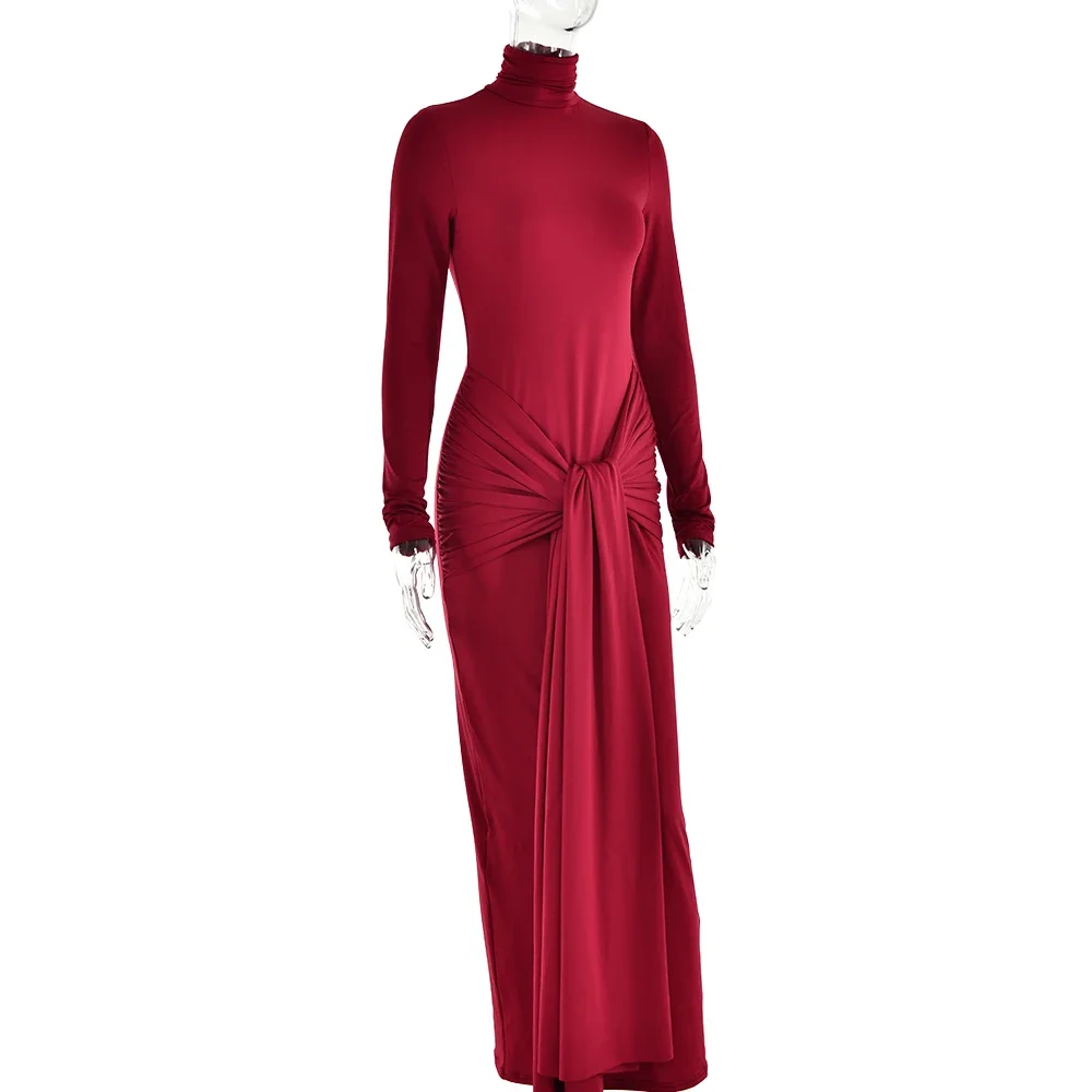 Fashion Bandage Spring Maxi Dress Women Slim Pleated Lace-Up Party Dress Solid Long Dress 2025