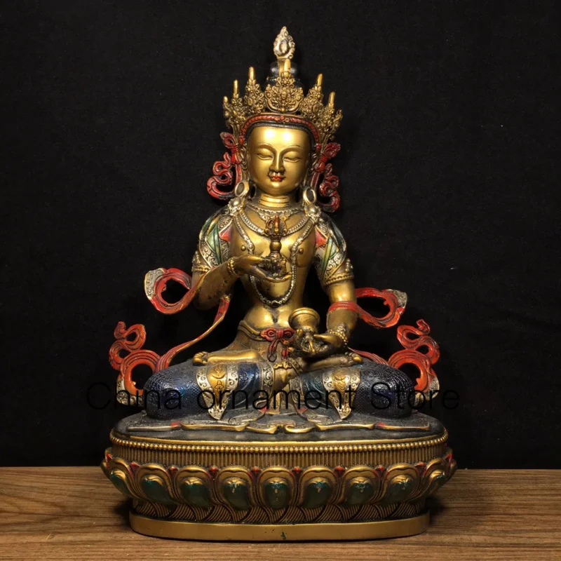 

29,5 см Тибетский латунный позолоченный цветной рисунок лица Vajrasattva Статуэтка тары