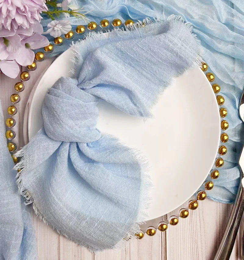 6pcs 32x32cm Gauze cotton Wedding Napkins Reusable Blue Trim Tea Towel Rustic Retro Burrs napkins For Dinner,Party,Weddings 2