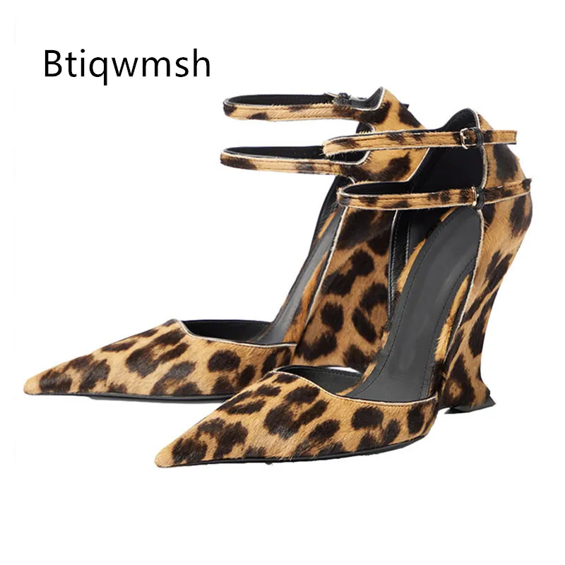 

Leopard Horsehair Gladiator Sandals Woman Pointed Toe Ankle Strap Strange High Heels Lady Sexy Party Shoes