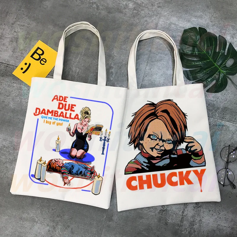 

Bride of Chucky Scary Horror Chucky Canvas Shoulder Bag Handbag Ladies Casual Tote Bag Large Capacity Reusable Shopping Bag