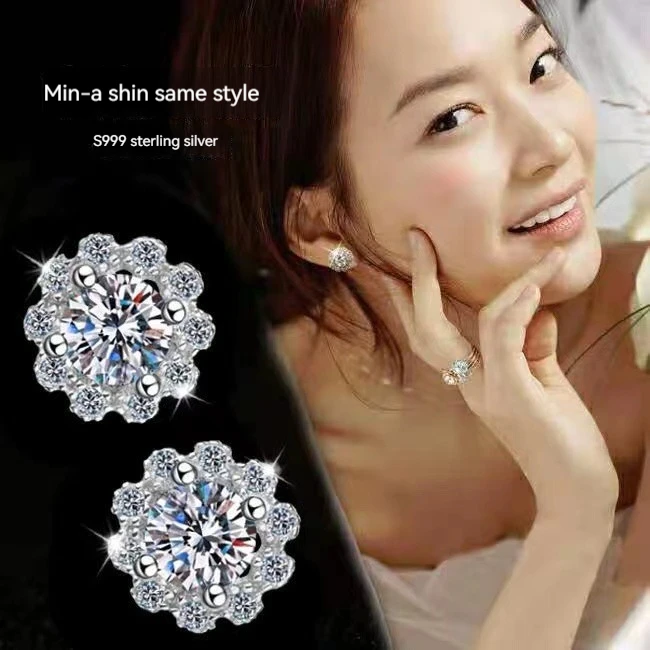 

2024 Snowflake Stud Earrings 925 Sterling Silver Jewelry 6.5mm 1.0 Carat Diamond Moissanite Earrings For Women Wedding Gift