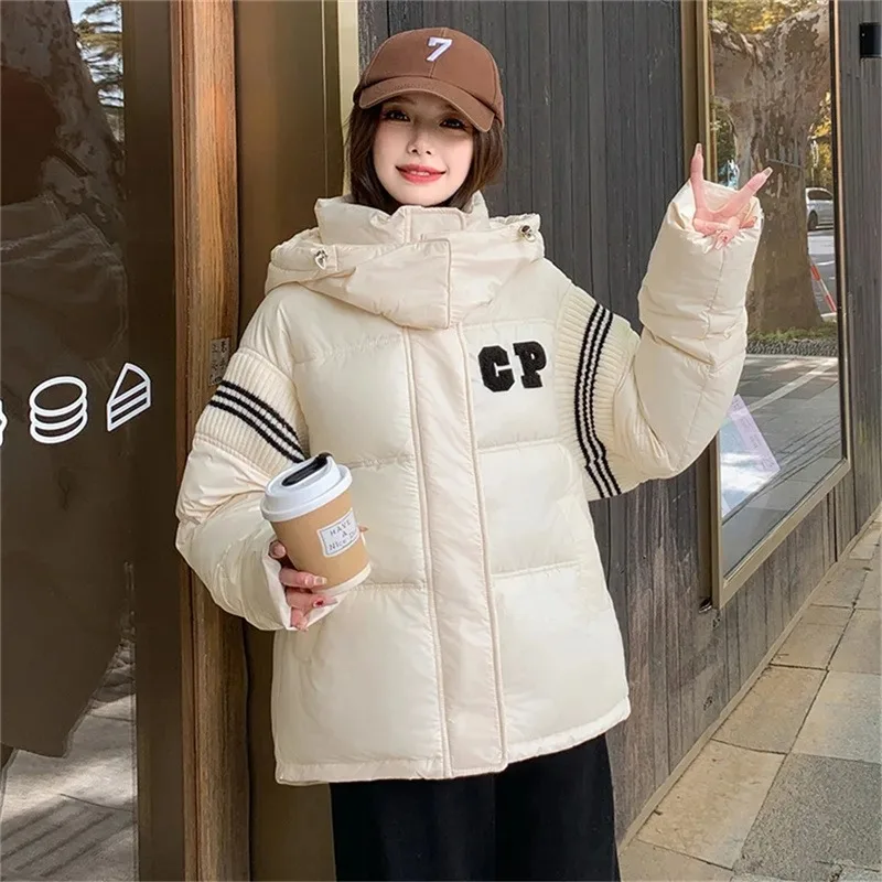 2023 New Winter White Down Jacket Women Zipper Hooded Parkas Coat Female Loose Padded Cotton Thickening Warm Puffer Jackets
