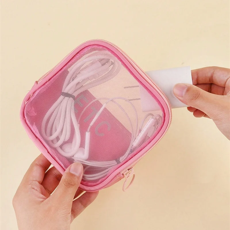 

New Mesh Transparent Cosmetic Bags Pink Small Separation Makeup Bag Lipstick Eye Shadow Data Cable Portable Beauty Case