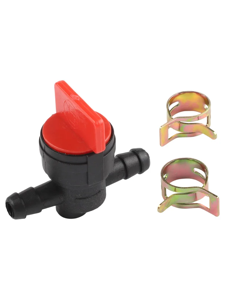 Benzinhahn und 2 Klemmen, Benzin-Diesel-Absperrventil für 6–8 mm Schlauch, Gartengeräte, Klemme, Rasenmäher-Teile