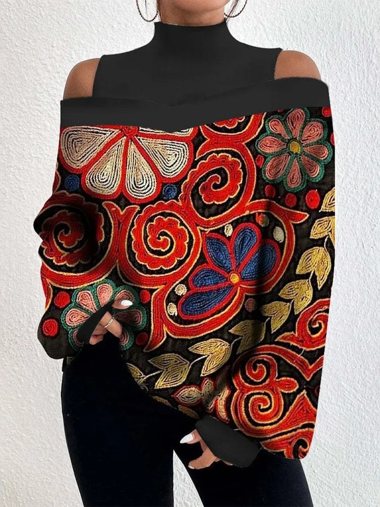 Elegant Women\'s Sexy Off Shoulder Hollow Out Loose T-shirt Top Autumn Winter Fashion Print Turtleneck Long Sleeve T-shirts Tops