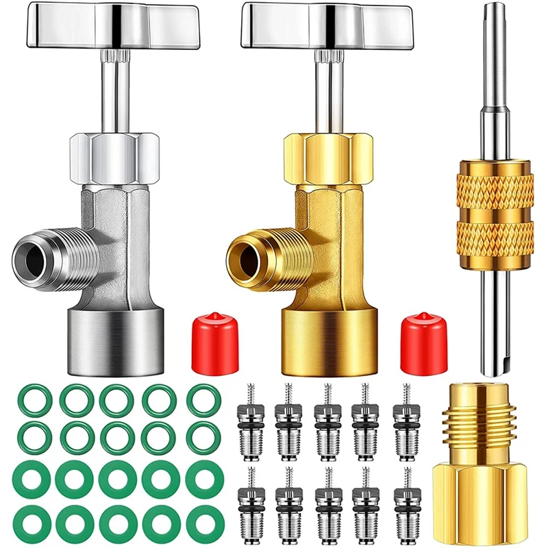 

R134A Self-Sealing Can Taps With Valve Core Removal Tool, Tank Adapter For 1/4 Inch And 1/2 Inch AC Charging Hoses