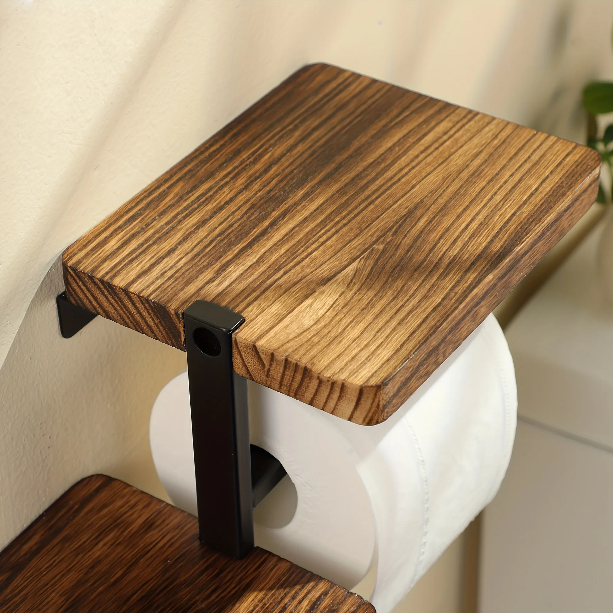 Wooden toilet paper holder lifestyle shot in styled bathroom setting