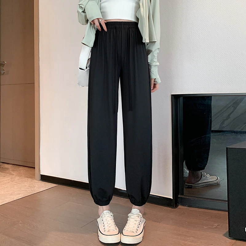 Women's Spring Autumn Elastic High Waisted Drawstring Casual Sports Pockets Solid Harlan Lantern Tie Trousers Sweet Pants