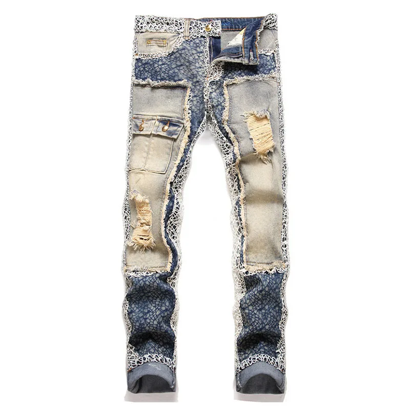 

Mcikkny Men Fashion Ripped Blue Jeans Pants Patchwork Hip Hop Harakuju Denim Trousers Slim Fit