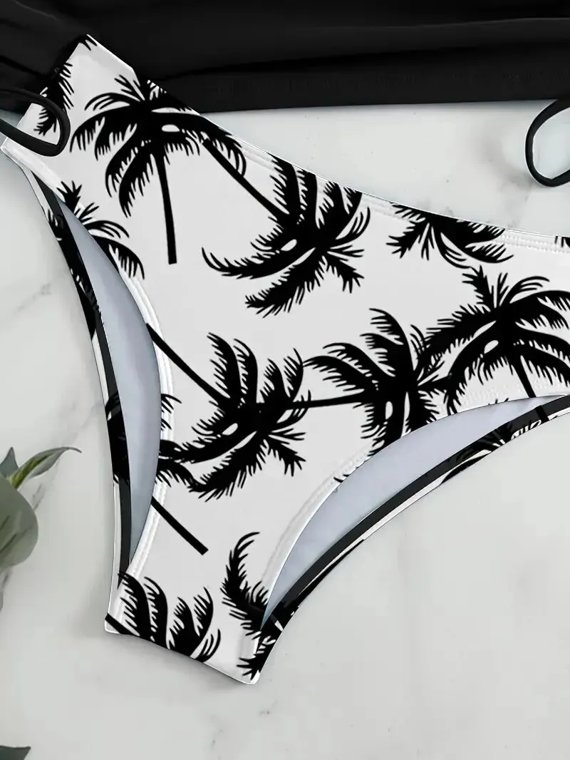 Coconut Tree Sunset Pattern Drawstring Two Piece Swimsuit Strapless Tie Neckline Backless Stretchy Low Rise Swimsuit women swimsuit,women two piece sets
