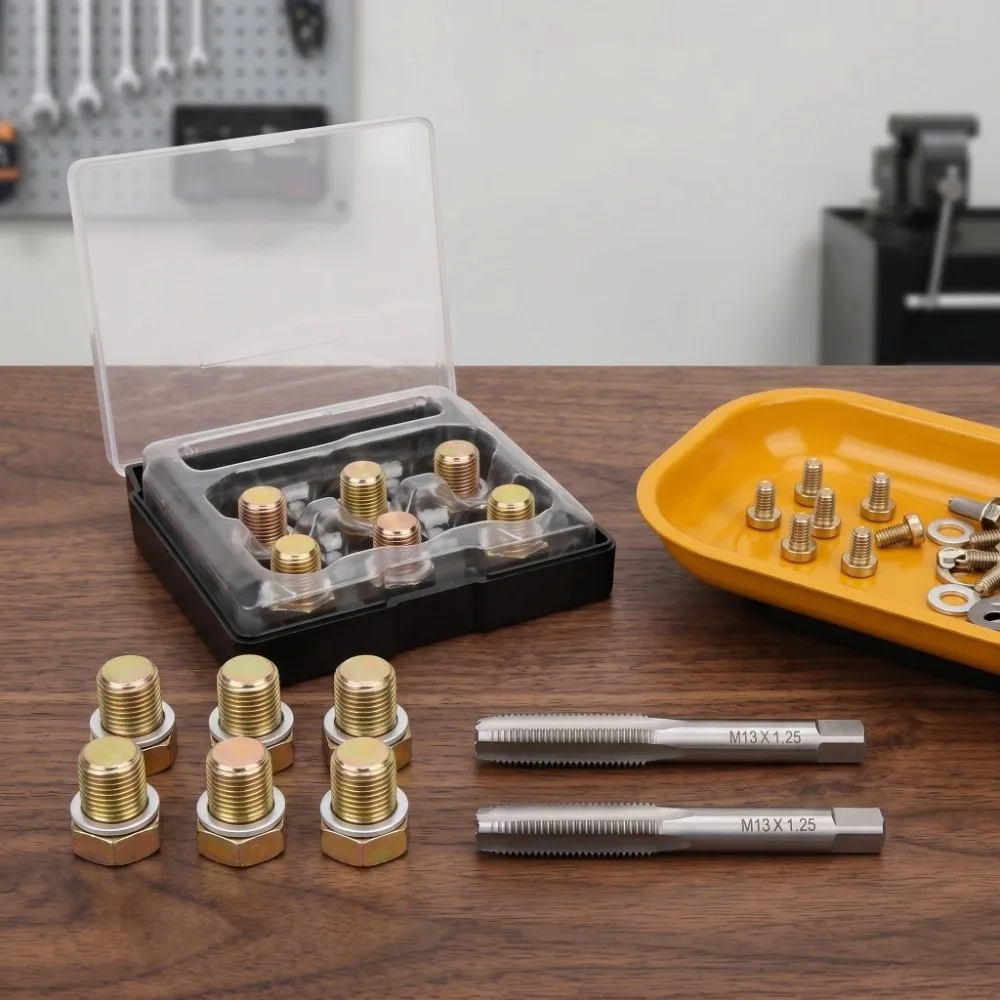 13PCS M13 x 1.25 오일 드레인 플러그 탭 씰링 와셔 포함 녹 방지 오일 팬 재나사화 도구 범용 보관 케이스 포함