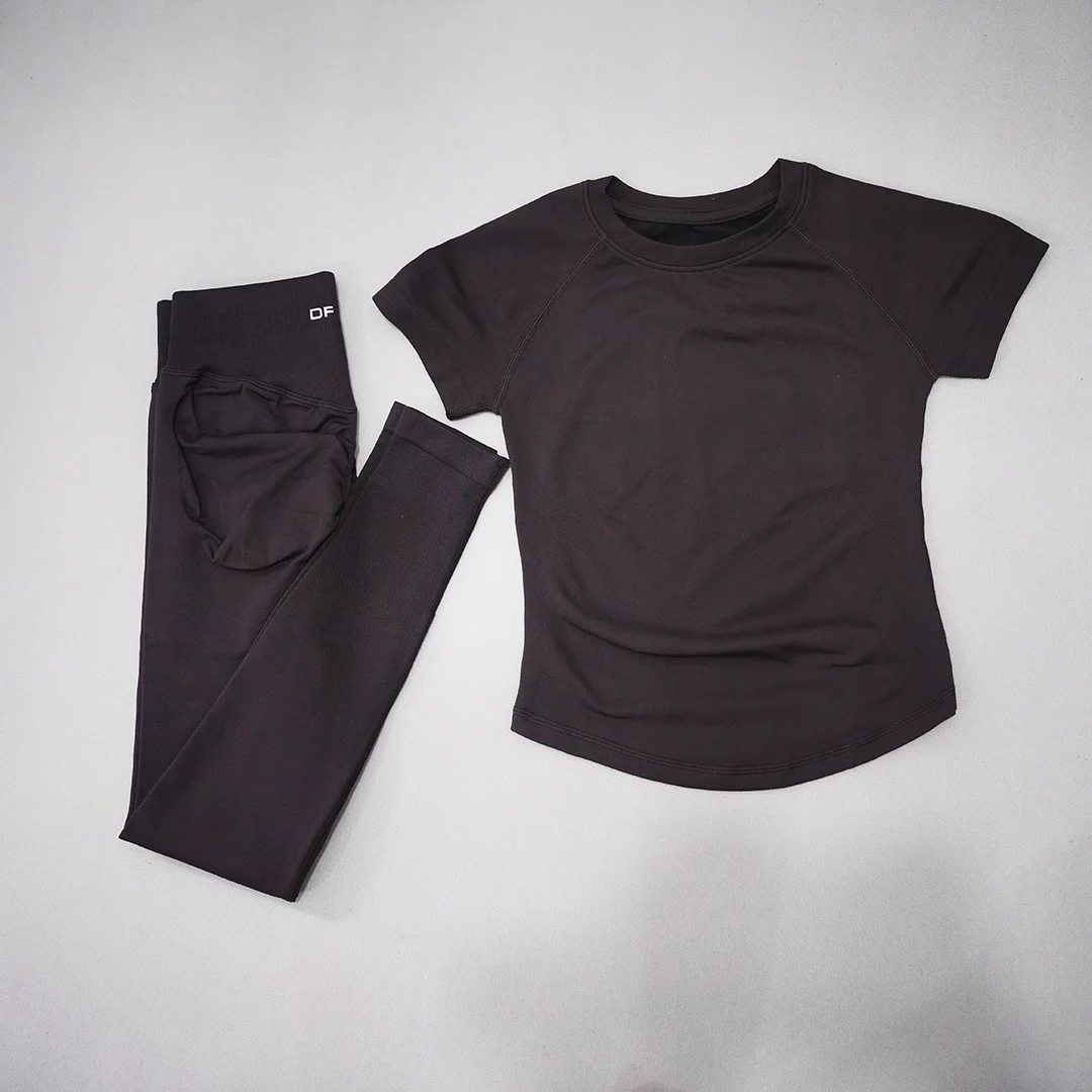 DF LOGO Ladies Seamless 2Pcs Yoga Set Short Sleeve Slim Top High Waist Leggings Quick Dry Breathable Gym Running Fitness Outfit