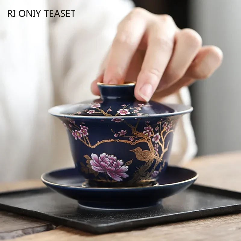 Tea Set Palace Luxury Enamel Ceramic Gaiwan Teacup Hand Painted Flower Pattern Tea Tureen Travel Tea Bowl Home Teaware 150ml