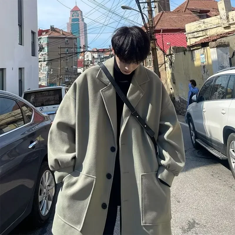 

Winter Long Trench Coat Men Korean Fashion Solid Woolen Techwear Coat Loose Casual Trench Outwear 2023 Streetwear Men Overcoats