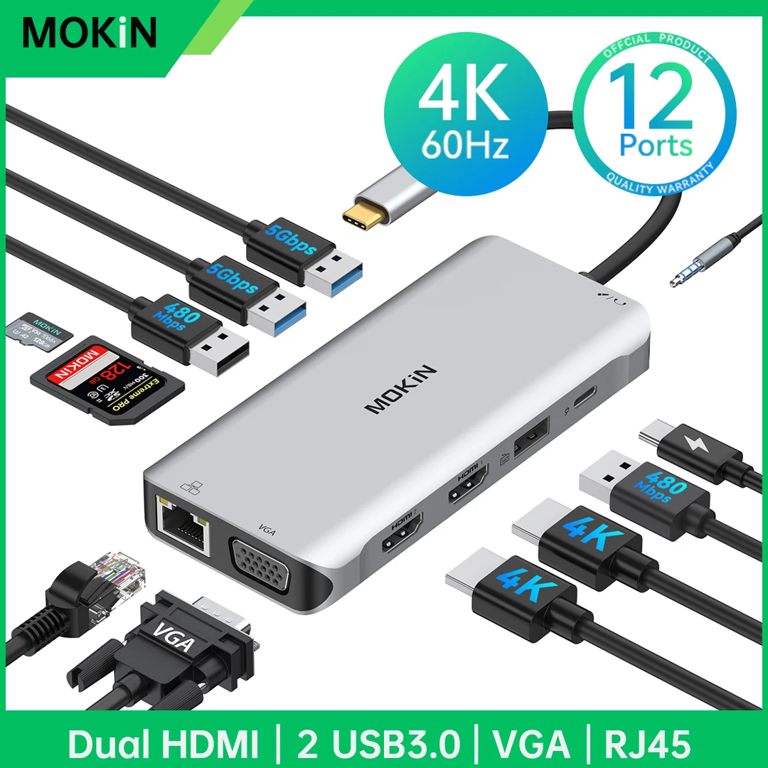 

MOKiN USB C HUB USB 3.0 Docking Station RJ45 Gigabit Ethernet USB Type-C to Dual HDMI VGA For Macbook Air Pro iPad Pro SD Reader