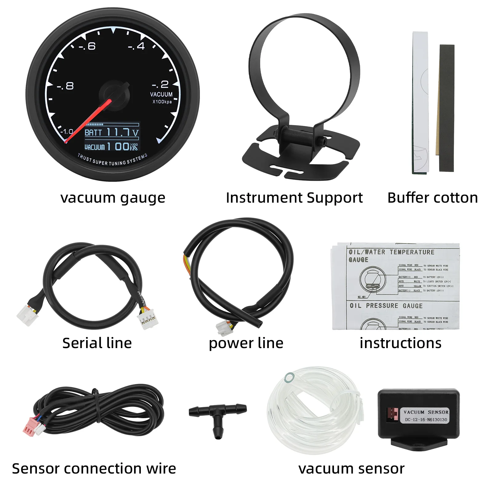 7 Color Backlight Poineter 2.5" 62mm Vacuum with Sensor -1~0X100Kpa Digital Vacuum+Holder Bracketer for Gasoline Racing Car 12V