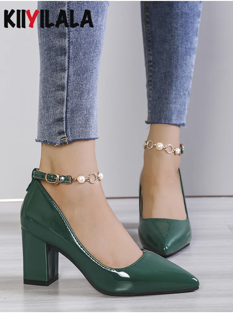 Orange Pearl Crystal Embellished Chain Pumps with Chunky Heels and Pointed Toes in Patent Leather