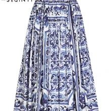 SEQINYY 100% Cotton Skirt Summer Spring New Fashion Design Women Runway High Quality Sicily Blue Flowers Print Midi A-Line