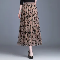 Women Floral Tutu Tulle Mesh Skirts Elegant Pleated Skirt Spring Elastic High Waist Overlay Layered A Line Midi Skirt