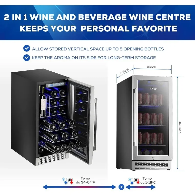 SUENO 15&ldquo; Built-In/Freestanding Wine Cooler Refrigerator 32 Bottles or 96 Cans Digital Touch Control Stainless Steel Mirror
