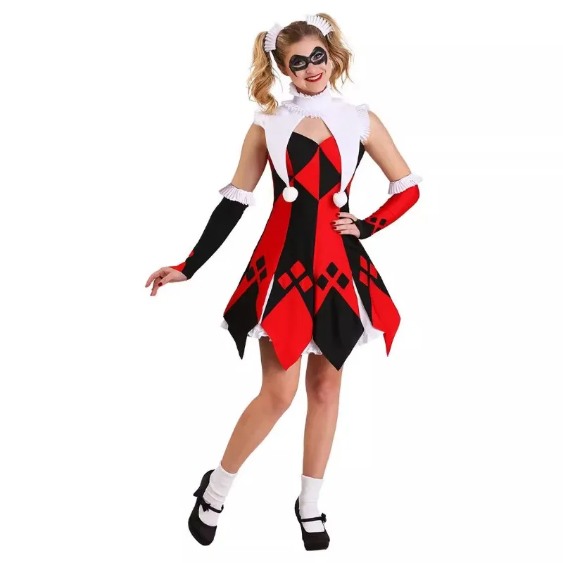 Halloween Clown Harley Costumes Women Evil Clown Criminal Quinn Cosplay Outfits Circus Clown Performance Dress Carnival Dress up